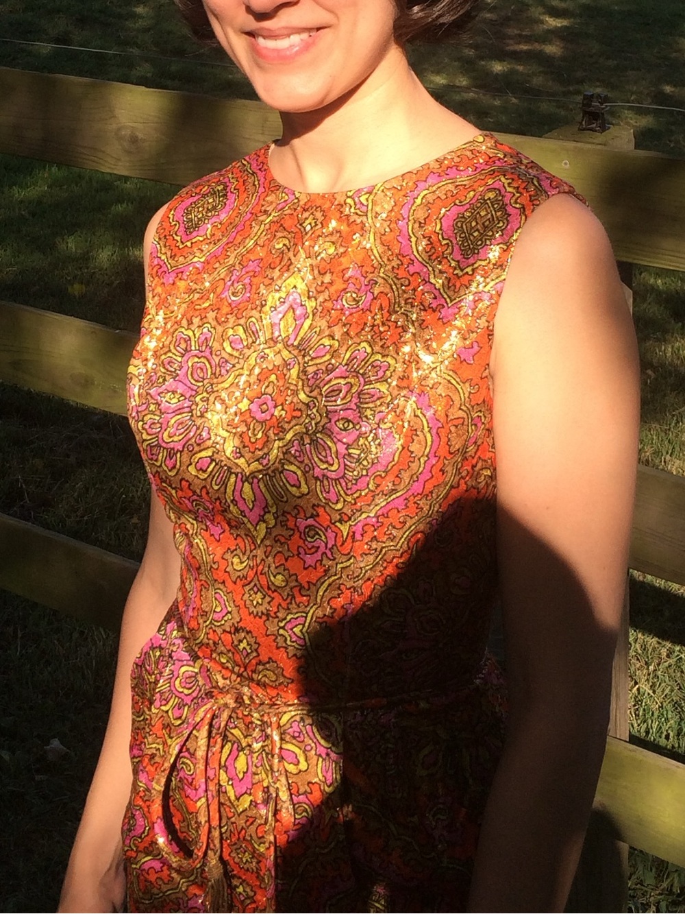 Psychedelic ‘60s Brocade Sheath Dress in Metallic Gold, Pink, and Orange